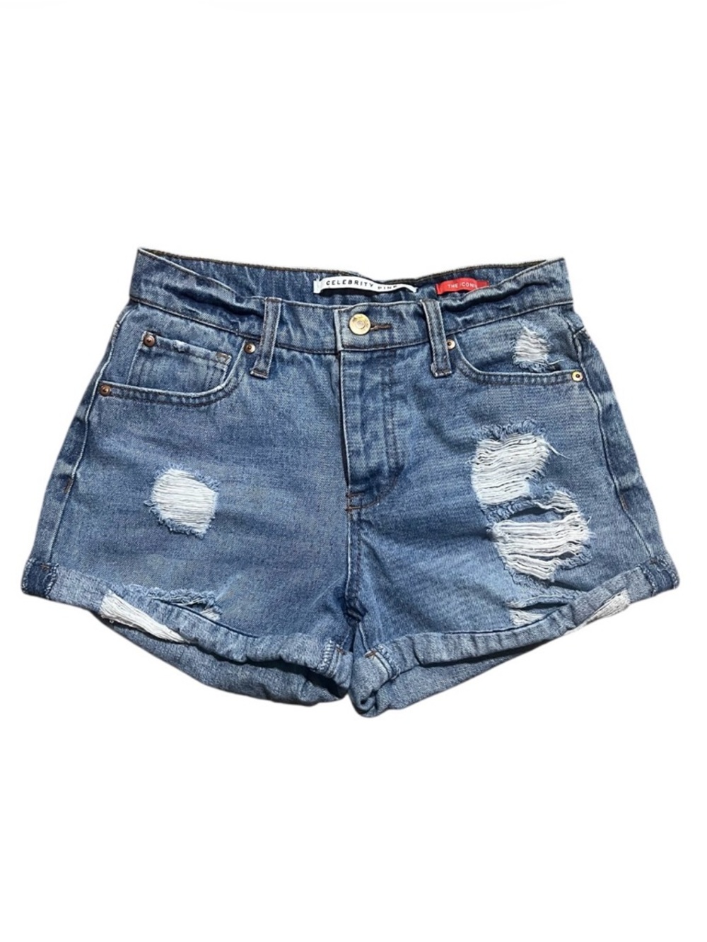 Celebrity Pink Woman’s The Iconic Distressed Denim Blue Jean Shorts